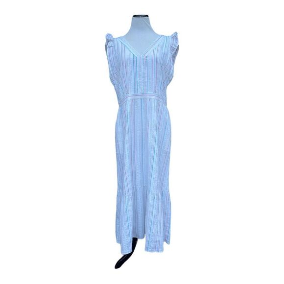 New Loft White Tiered Rainbow Metallic Flutter Sleeve Maxi Shift  Dress Size 14 - Picture 1 of 8
